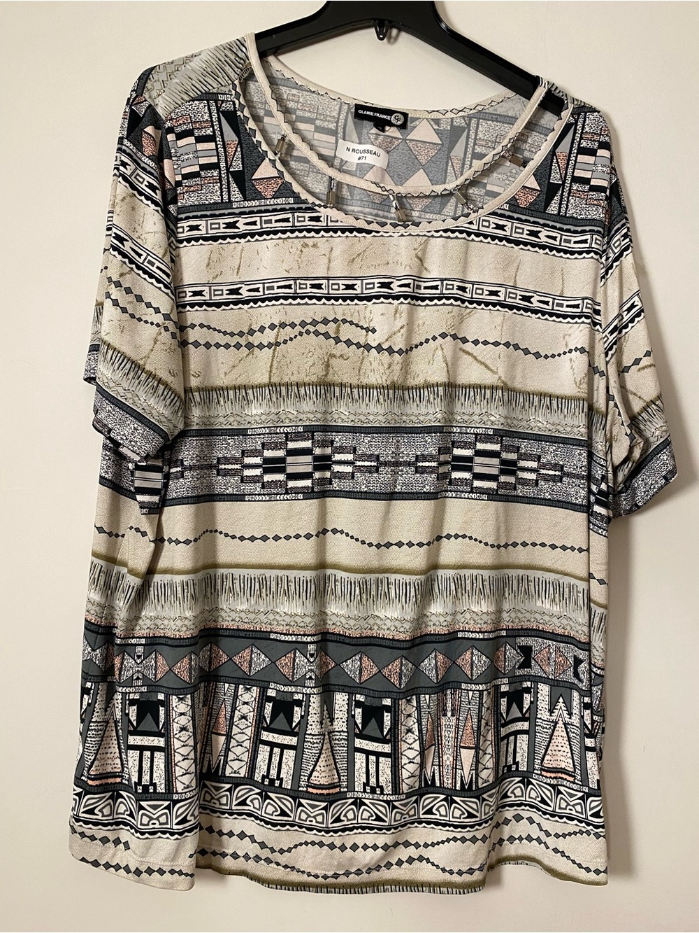 Claire France Plus Size Patterned Short Sleeve Scoop Neck Top - Cream & Black
